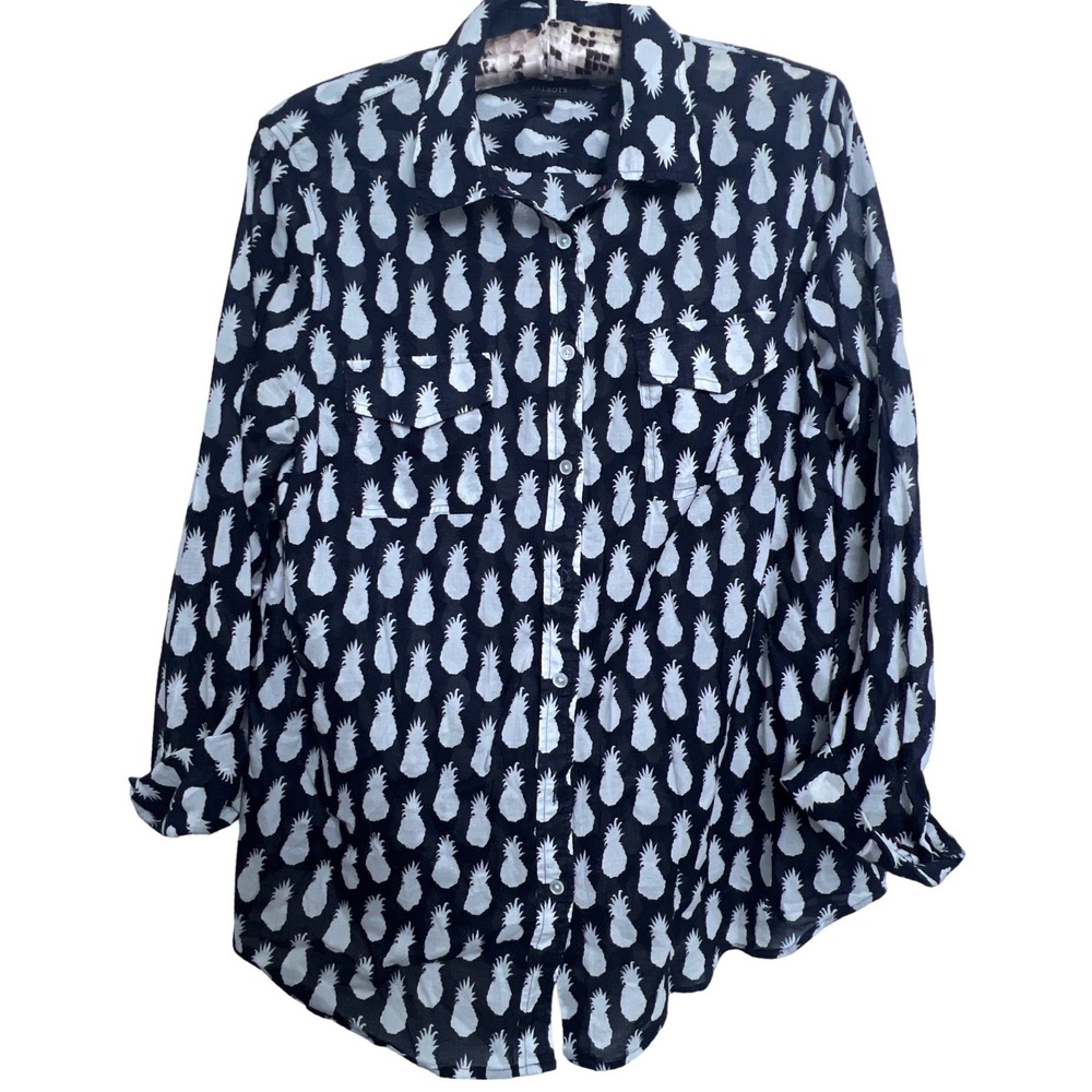 Talbots Womens‎ Medium Black White Pineapple Print Long Sleeve Button Up Shirt